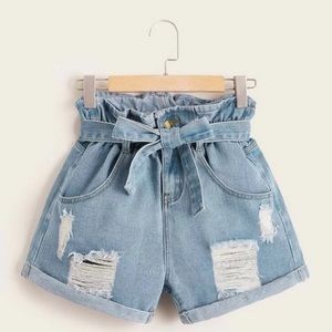 SHEIN paper bag waist belted denim shorts